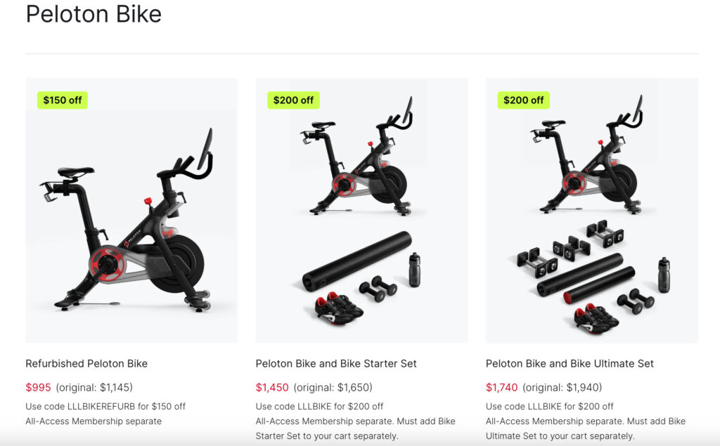Bike offers on Peloton x lululemon landing page.